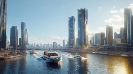 Fototapeta premium A modern urban scene with sleek high-rise buildings towering over the river, with boats navigating the water and a backdrop of a clear, sunny day.