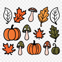 Set of autumn leaves, mushrooms and pumpkins