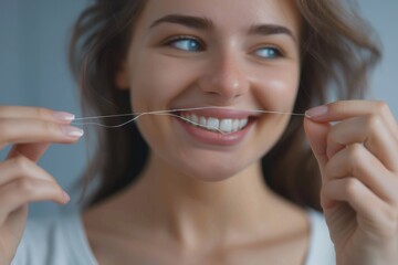 Happy healthy woman uses dental floss for brushing teeth and oral hygiene at home. Teeth oral care Happy healthy woman uses dental floss for brushing teeth and oral hygiene at home. Teeth oral care