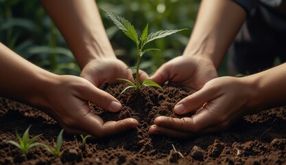 Fototapeta premium Nurturing Growth: Hands Planting Seedling