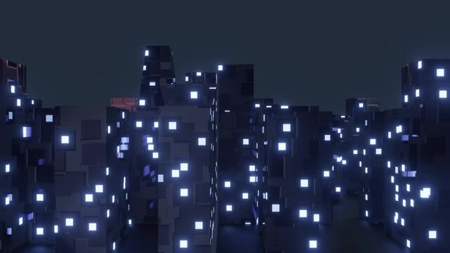 Illustration of a city at night with tall buildings. Futuristic skyscrapers with lights in the windows of each room. Progressing city background with smooth camera movement. 3d rendering