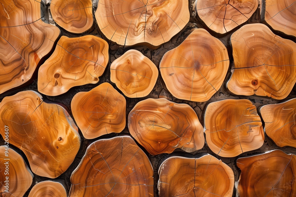 Poster cross-sections of tree trunks, showcasing the intricate patterns and textures of the wood. the warm 