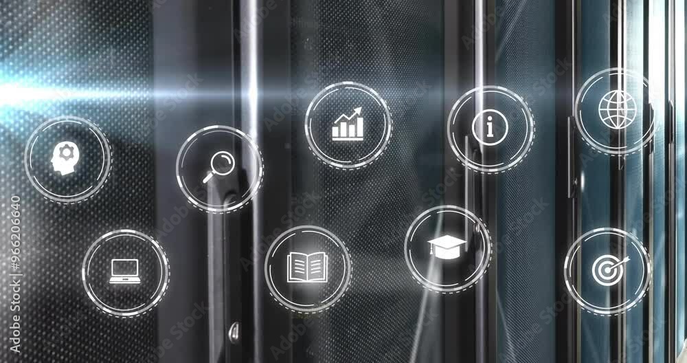 Poster animation of netwrok of connections with icons and data processing over computer servers