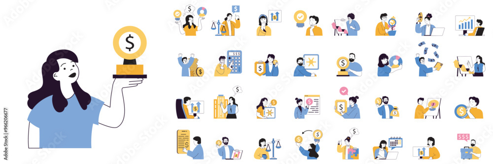 Aufkleber Business concept mega set with character scenes in flat design for web. Bundle situations with people achieving financial goals, making data analysis, managing work processes. Vector illustrations.