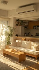 Fototapeta premium Cozy American Living Room with Sunlit Sofa, White Air Conditioner, and Wooden Cabinets