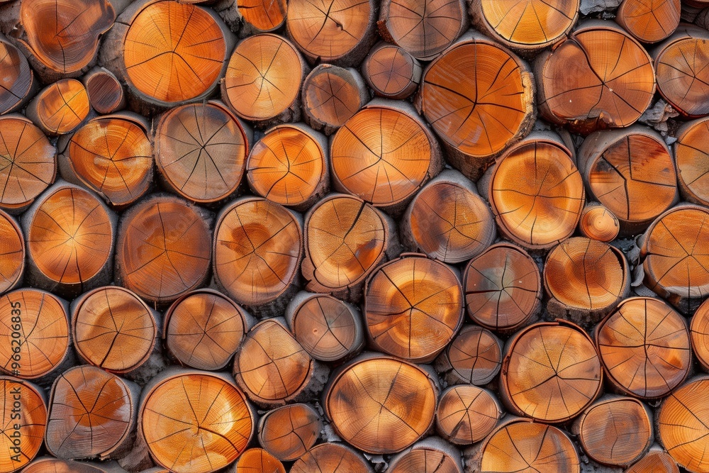 Poster neatly stacked tree trunk slices, showcasing their natural wood grain and vibrant orange-brown color