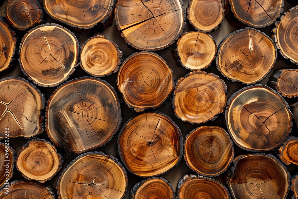 Poster various tree stump cross-sections, showcasing the intricate patterns and textures of the wood. the c
