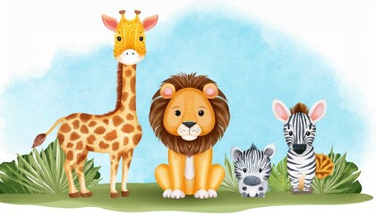Naklejka premium Safari animals watercolor templates illustration for nursery and baby shower with lion, giraffe and zebra