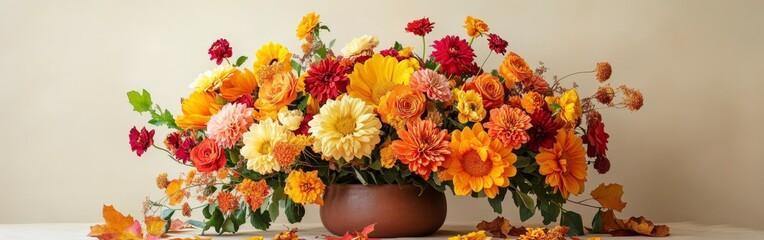 Obraz premium Vibrant Autumnal Bouquet in Ceramic Vase with Cozy Vibes