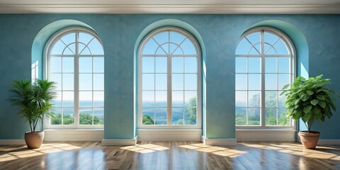 Arched Windows with Ocean View, Sunlight Through, Plant in Pot, Minimalist Interior, Interior Design, Arched Windows, Ocean View