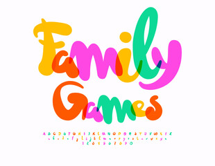 Vector Funny Emblem Family Games. Colorful handwritten Font. Bright cool Alphabet Letters and Numbers set.