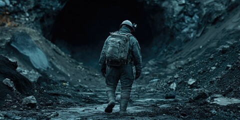 A miner walking through a dark tunnel in a coal mine during the daytime