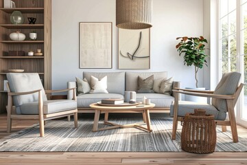 Modern scandinavian living room interior - 3d render Scandinavian interior design living room 3d render with gray and beige colored furniture and wooden elements 
