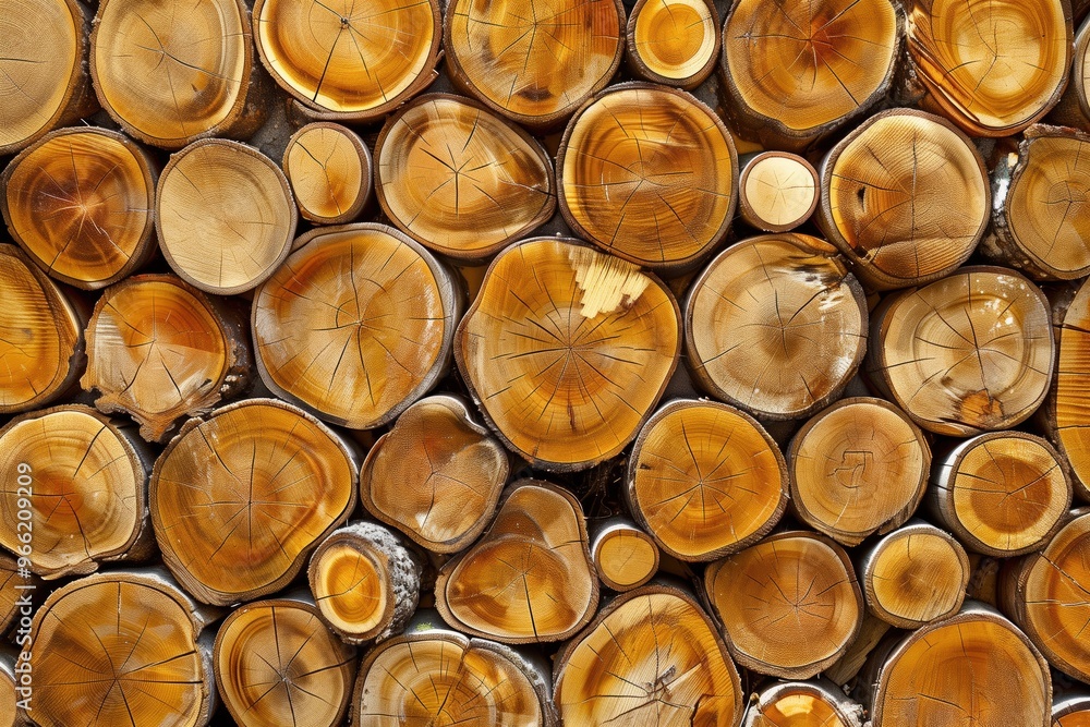 Poster neatly stacked tree logs, showcasing their circular cross-sections with distinct growth rings and na