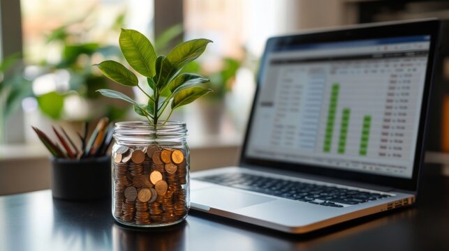 A modern, organized workspace with a small plant, a jar of saved coins, and a budgeting spreadsheet open on a laptop, highlighting financial planning.