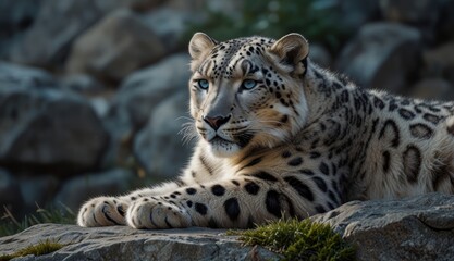 Obraz premium Majestic Snow Leopard Resting Outdoors