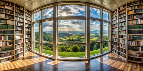 Fototapeta premium Curved Bookshelves with Panoramic View, Sunlight Streaming Through Large Windows, Landscape, Nature, Architecture, Reading Room ,library