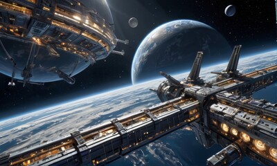 Fototapeta premium Futuristic Space Station Orbiting Earth