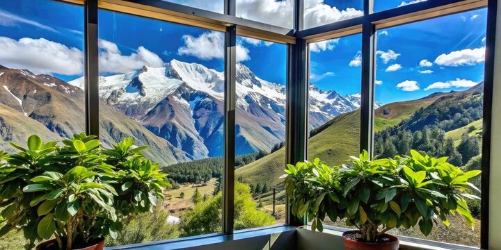 Stunning mountain view framed by large window panes.