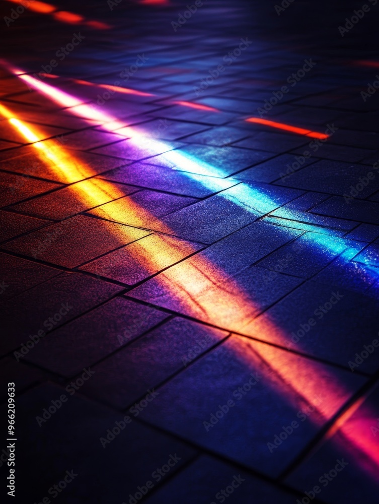 Poster vibrant neon light beams casting colorful reflections on a dark tiled pavement, creating an abstract