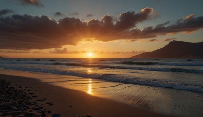 Fototapeta premium Golden Sunset Over Serene Beach