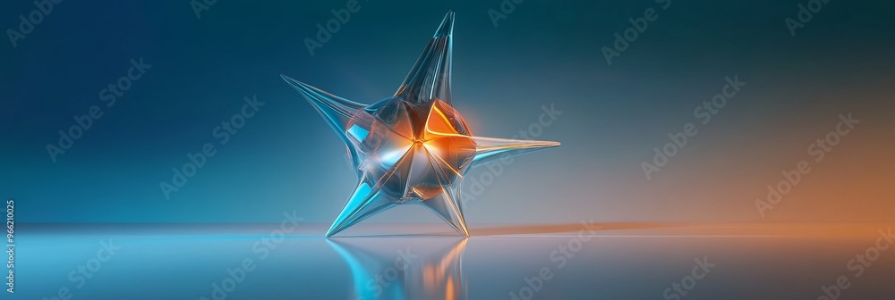 Poster a 3d abstract geometric shape resembling a star with a glowing center. it represents concepts like c