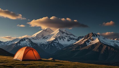 Majestic Mountains and Tent at Sunset