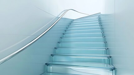 Obraz premium Futuristic Glass Staircase with Chrome Railings - Modern 3D Rendering on White Background