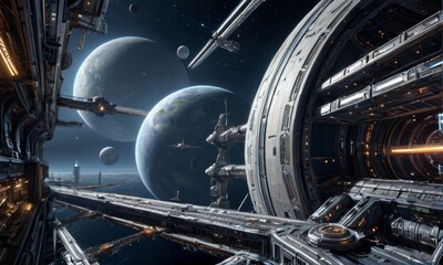 Futuristic Space Station Orbiting Earth