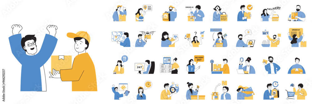 Fototapete Delivery concept mega set with character scenes in flat design for web. Bundle situations with people get parcel box from courier, ordering shipping gifts, using food delivering. Vector illustrations.