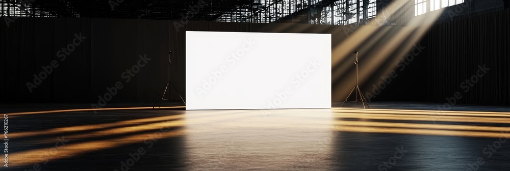 Poster a 3d image of a blank display screen standing in a dark room with sunlight streaming through the win