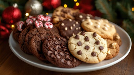 Fototapeta premium A plate of assorted cookies, including gingerbread, sugar cookies, and chocolate chips, beautifully arranged with holiday decorations in the background.