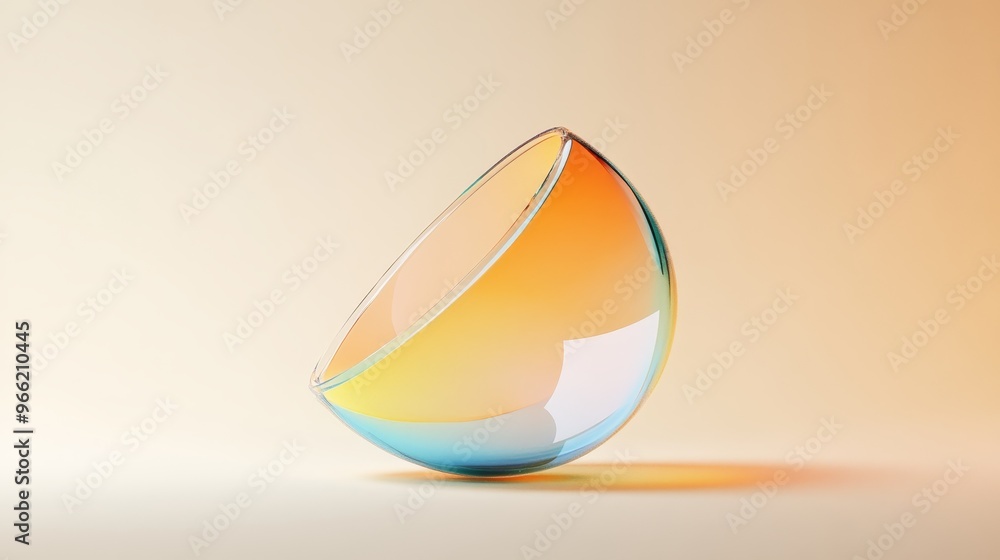 Poster a 3d image of a colorful glass sphere with a gradient of yellow, orange, and blue. the sphere is sit
