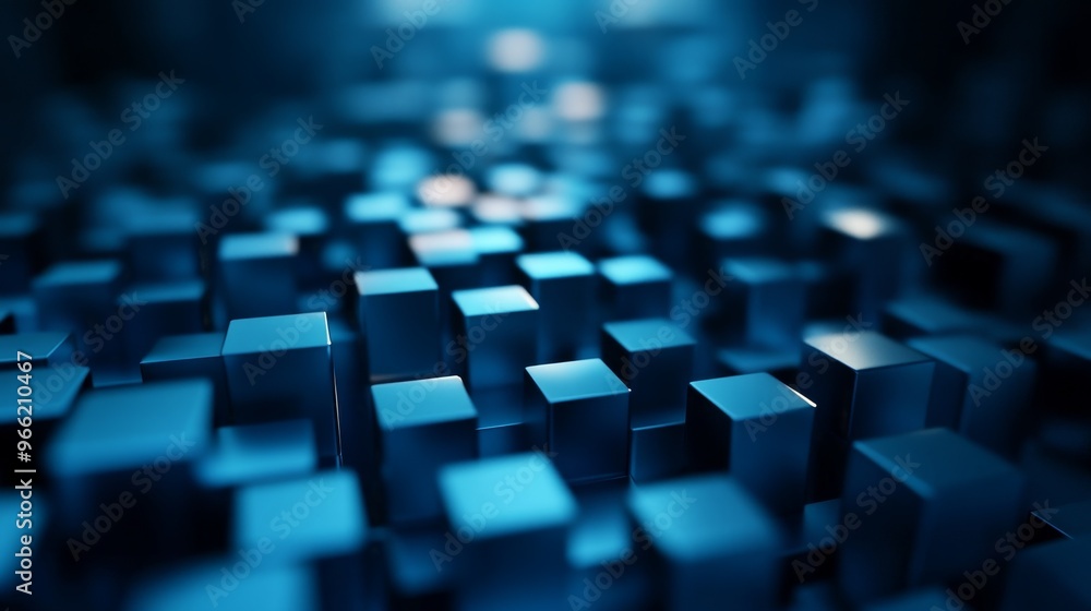 Poster a 3d image of a field of blue cubes, suggesting concepts of order, structure, and digital technology