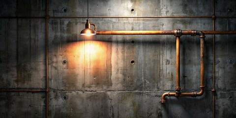 Industrial Concrete Wall with Copper Piping and Pendant Light, Concrete wall, industrial lighting, steampunk
