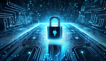 A glowing blue padlock sits on a circuit board, symbolizing cybersecurity and digital protection.