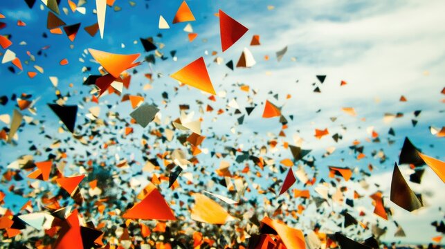 Colorful confetti flying in the blue sky during a festive outdoor celebration