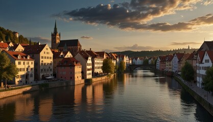 Obraz premium Serene River at Sunset in Bavaria