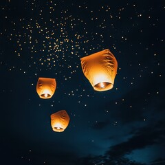 Serene Night: Festival Lanterns Floating in the Dark Sky with Negative Space