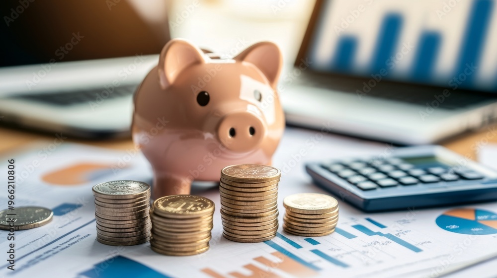 Poster a neatly arranged desk with a piggy bank, stacks of coins, and a calculator, set against a backdrop 