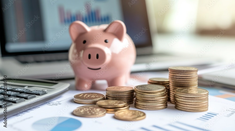 Poster a neatly arranged desk with a piggy bank, stacks of coins, and a calculator, set against a backdrop 