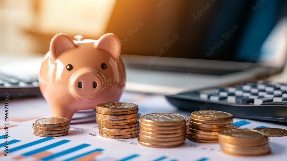 Poster A neatly arranged desk with a piggy bank, stacks of coins, and a calculator, set against a backdrop of financial documents and a laptop.