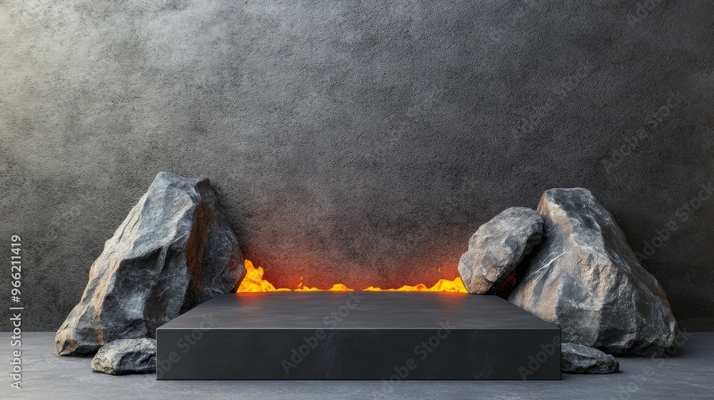 Poster a 3d of a charcoal black podium placed on a concrete platform, flanked by two large volcanic rocks. 