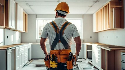 A construction worker installing kitchen cabinets. Home renovations demand a professional's attention to detail.