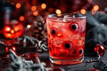 Festive halloween cocktail with fake eyeballs and decorative lighting in spooky atmosphere