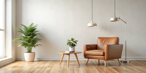 Minimalist Living Room with Brown Leather Chair, Wooden Floor and Floor Lamp, 3D Render, Interior Design, Home Decor, Living Room Design, Modern Home