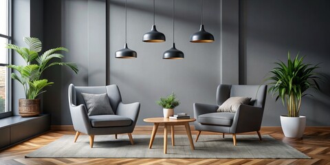 Minimalist Living Room with Grey Armchairs and Pendant Lights, interior design, living room, home decor