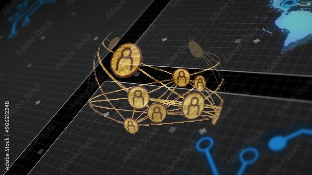 Poster animation of globe of connections with icons over data processing on black background