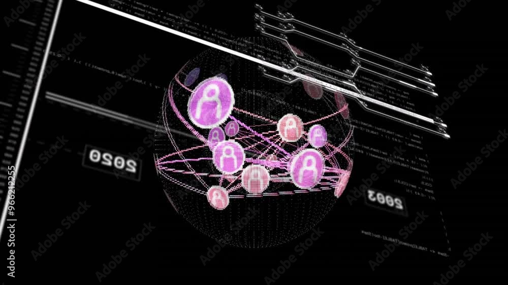 Poster animation of globe of connections with icons over data processing on black background
