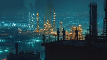 Teams Inspection engineers standing on top of a petrochemical oil refinery in night 